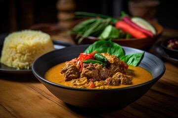 Gulai Sapi is a typical Indonesian beef curry dish from Padang, West Sumatra. At the table, it is served with a bowl. Eid Fitr and Eid al Adha dishes (Idul Adha). Served with Rendang and Acar Rice