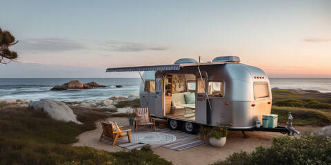 A luxurious vintage camper decorated with furnishings, cozy pretty outdoor interior. A lovely motorhome station.