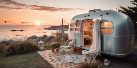 A luxurious vintage camper decorated with furnishings, cozy pretty outdoor interior. A lovely motorhome station. - obrazy, fototapety, plakaty