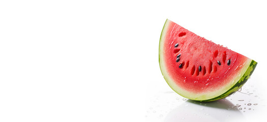 Watermelon on a white with space for text. A slice of ripe juicy watermelon on a horizontal background. Drops of juice on a pink berry.