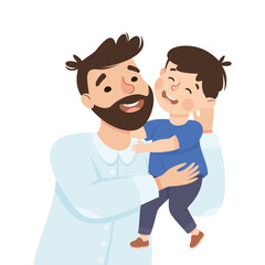 Little Boy Hugging Father Feel Happy Vector Illustration
