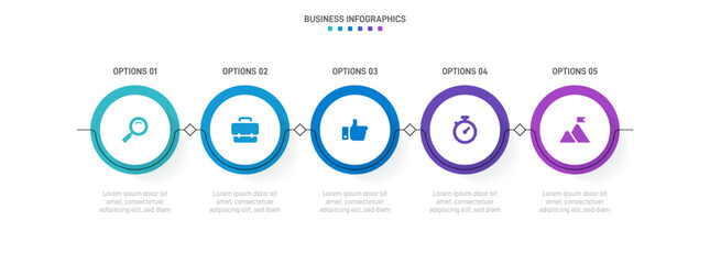 Timeline infographic with infochart. Modern presentation template with 5 spets for business process. Website template on white background for concept modern design. Horizontal layout.