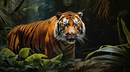  a painting of a tiger in a jungle with green plants.  generative ai