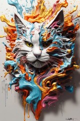 3d Splash art, a cat head, white background. Generative AI