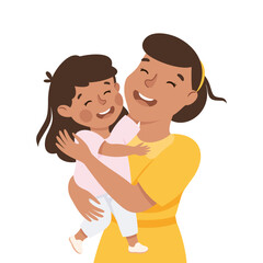 Little Girl and Mom Hugging Feel Happy Vector Illustration