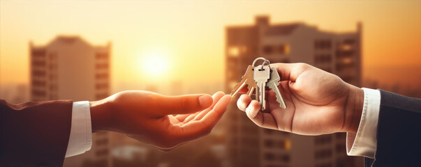 Real estate broker hands and keys. - obrazy, fototapety, plakaty