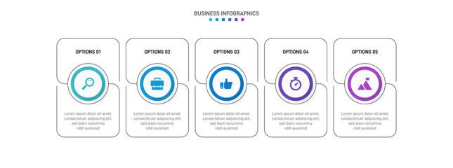 Timeline infographic with infochart. Modern presentation template with 5 spets for business process. Website template on white background for concept modern design. Horizontal layout.