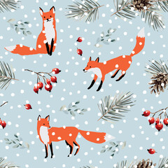 Christmas seamless pattern, red fox animals, pine twigs, cones, berries, snow, gray background. Vector illustration. Nature design. Season greeting. Winter Xmas holidays - 634848890