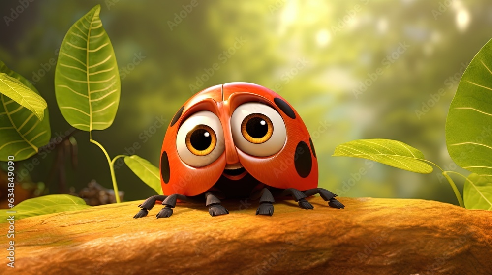 Poster a lady bug sitting on top of a tree branch in a forest. generative ai