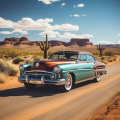 vintage classic car from the 1950s on a US desert highway