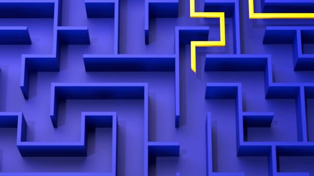 3d rendering: Concept - solving a complex problem. Blue maze and floor with animated yellow solution path. Closeup view.