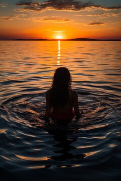 young woman skinny dipping in the sea at sunset