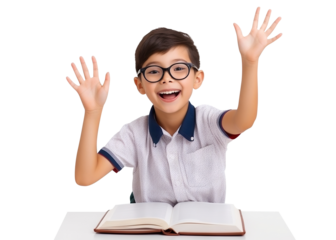 Happy pupil raising hands, cut out