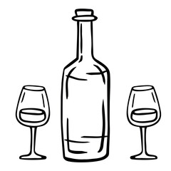 Hand drawn bottle of wine and two glasses on a white background. Vector illustration