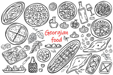 Set of Georgian food on a white background. Georgian traditional cuisine: khachapuri, khinkali, wine, barbecue, nuts, fruits, bread. Vector illustration