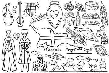 Country Georgia. A set of doodle elements: places, a couple in national costumes, Georgian food, wine, mountains.