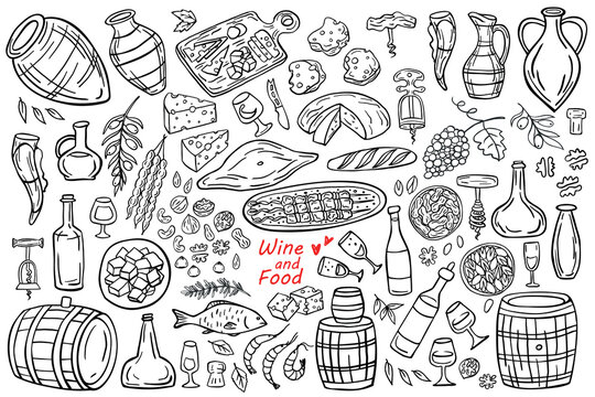 Set of Georgian food and wine on a white background. Georgian traditional cuisine. Vector illustration