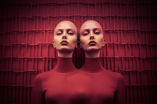 Illustration de deux têtes de femme - Concept de la double personnalité, des jumeaux et jumelle, de l'image de soi - Générative ia
