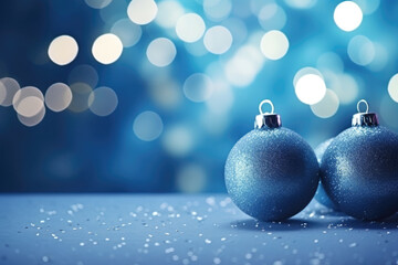 Christmas balls of blue color on blue blurred background. Bauble to decorate the tree. Christmas concept. AI generated