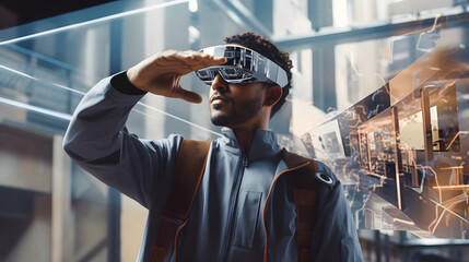 Un homme dans la ville avec un casque de réalité virtuelle.