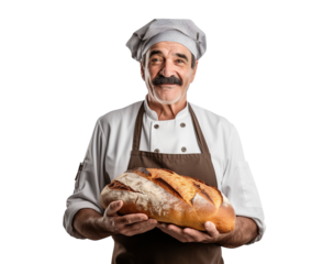 Cheerful middle-aged baker with fresh bread in his hands, cut out
