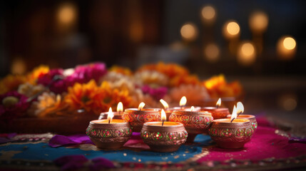 Colorful traditional oil lamps diya lit during diwali celebration. Hindu festival of lights celebration. AI generated