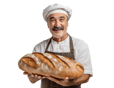 Cheerful middle-aged baker with fresh bread in his hands, cut out