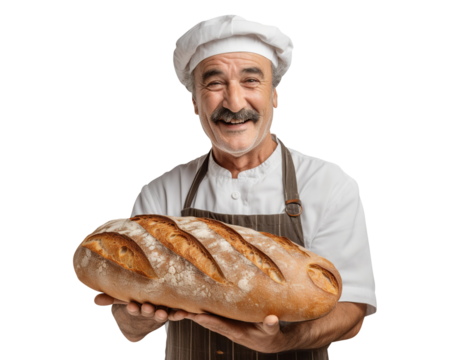Cheerful middle-aged baker with fresh bread in his hands, cut out