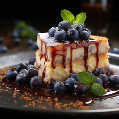 delicious chocolate cake with cream and blueberries