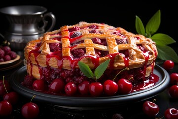 freshly baked cherry pie on the table