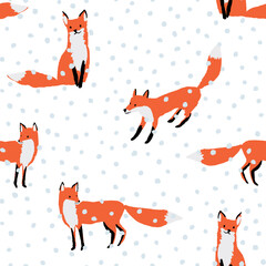 Christmas seamless pattern, red fox animals, snow, white background. Vector illustration. Nature design. Season greeting. Winter Xmas holidays - 634850296