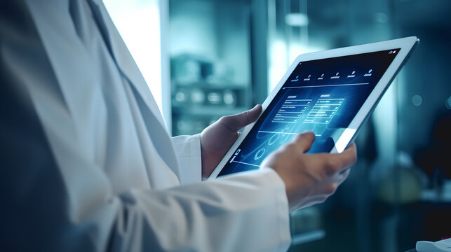 Un m&eacute;decin en train de faire un rapport sur une tablette &agrave; l'h&ocirc;pital 