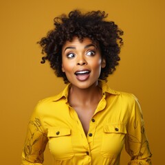 Portrait of a surprised middle-aged African American woman with big eyes and an open mouth. Closeup face of an amazed senior African woman on a yellow background. Shocked woman looking at the camera.