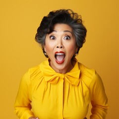 Portrait of surprised middle-aged Asian woman with big eyes and open mouth. Closeup face of amazed Chinese senior woman on yellow background. Shocked Japanese woman in yellow shirt looking at camera.