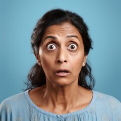 Portrait of surprised middle-aged Indian woman with big eyes and open mouth. Closeup face of amazed senior woman on a blue background. Shocked Indonesian woman in a blue shirt looking at the camera.