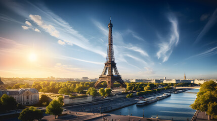 La ville de Paris avec la tour Eiffel et la seine sous un lever de soleil.