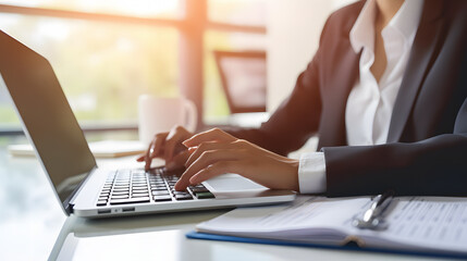 Gros plan sur les mains d'une femme utilisant le clavier de son ordinateur portable au travail.