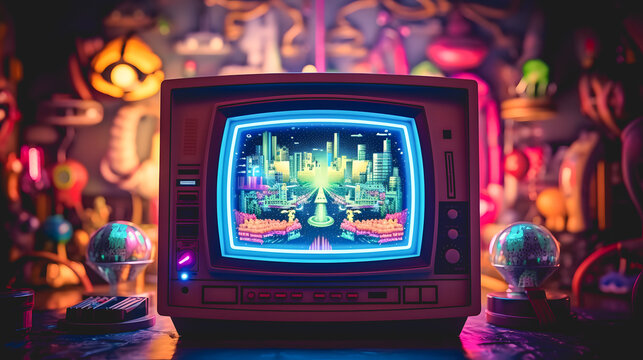 Un t&eacute;l&eacute;viseur &agrave; tube cathodique servant &agrave; jouer &agrave; des anciens jeux vid&eacute;os. 