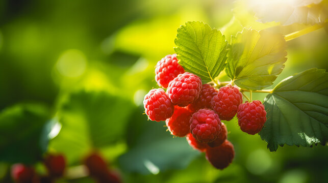 Gros plan sur des framboises rouges avec des feuilles vertes dans un jardin bio. 