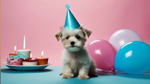 Funny fluffy puppy in party cone on pink background