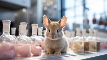 Laboratory rabbit. Potions and flasks for studying the effect of cosmetic and medical products on rodents. Concept: Problems of regulation of laws for cruelty to animals.