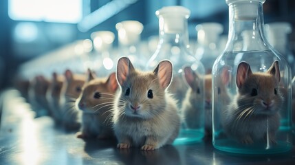 Laboratory rabbit. Potions and flasks for studying the effect of cosmetic and medical products on rodents. Concept: Problems of regulation of laws for cruelty to animals.
