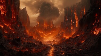Hell features smoke clouds, smoldering flames, and lava cliffs. A beautiful hellish scene filled with fire. horrific scene
