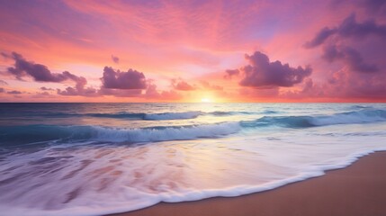 Obraz premium the sun is setting over the ocean with a wave coming in. generative ai