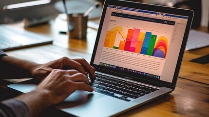Person's hands typing on a laptop, with analytics dashboard visible on the screen. Generative AI