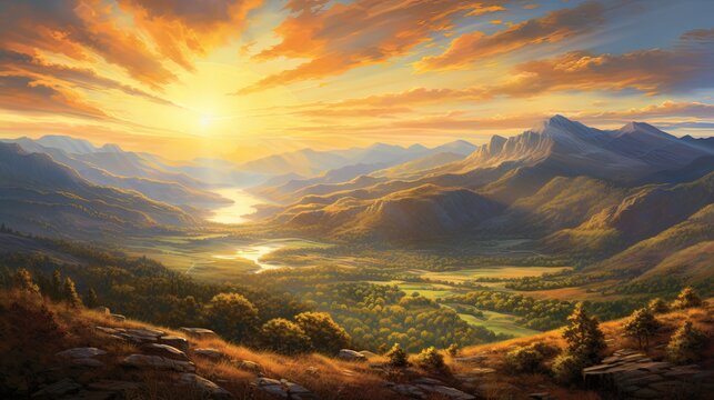  a painting of a beautiful sunset over a valley with mountains.  generative ai