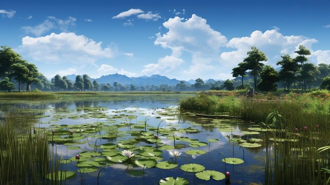  a painting of a pond with lily pads and mountains in the background.  generative ai