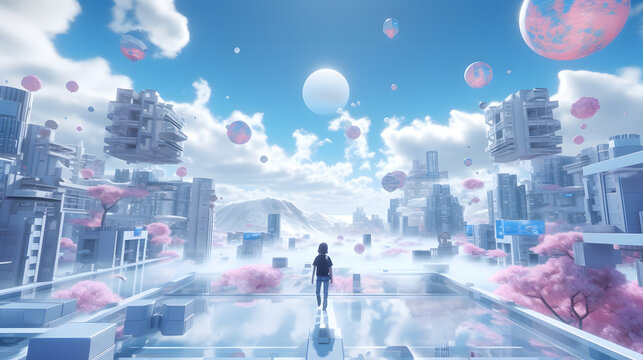 Une femme explorant un monde parall&egrave;le dans le m&eacute;taverse en r&eacute;alit&eacute; virtuelle. 