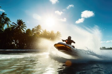 Fast jet ski cutting waves on a sunny day, surrounded by paradisiacal landscapes., generative IA