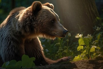Cute bear with flower in the enchanted forest. ????, generative IA